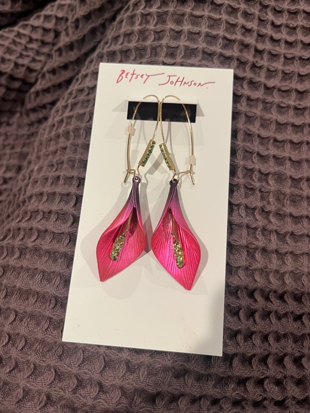 Betsey Johnson Hot Pink Floral Petal Drop Earrings with Gold Accents calla Lilly